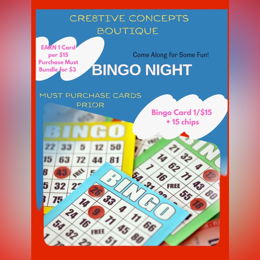 RED BINGO Card plus 5 Colored Chips